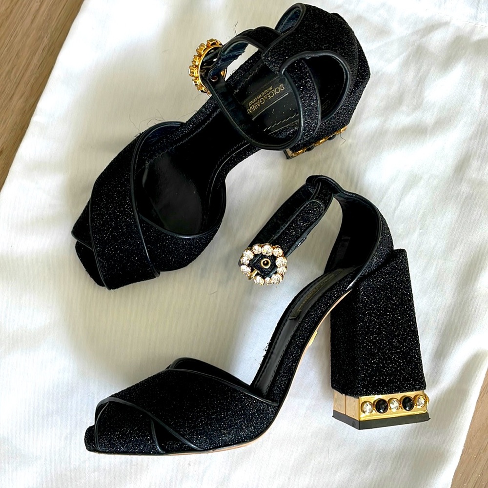 Dolce & Gabbana Black Fabric Crystal Embellished Block Heel Sandals Size